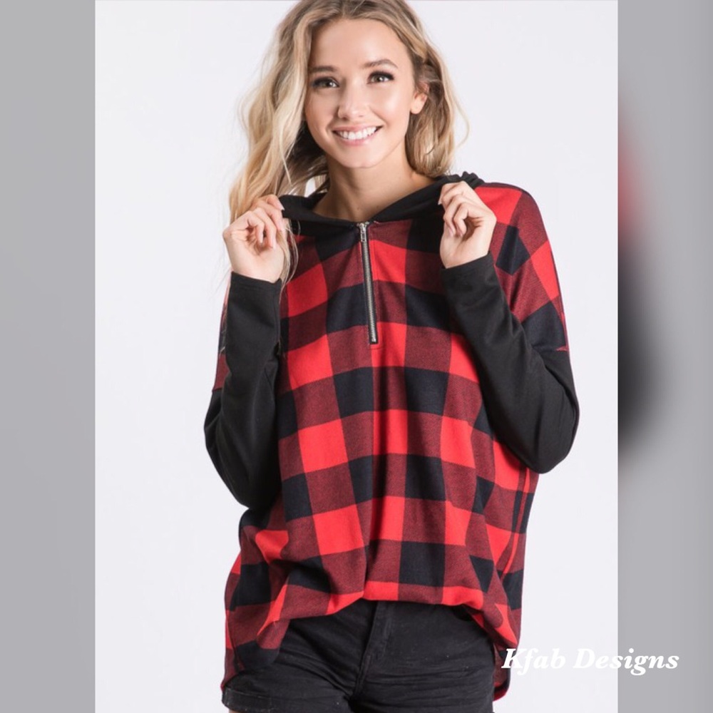 ❤️LAST 1! Check Zip Up Hoodie w/Contrast Sleeves! - Picture 7 of 13